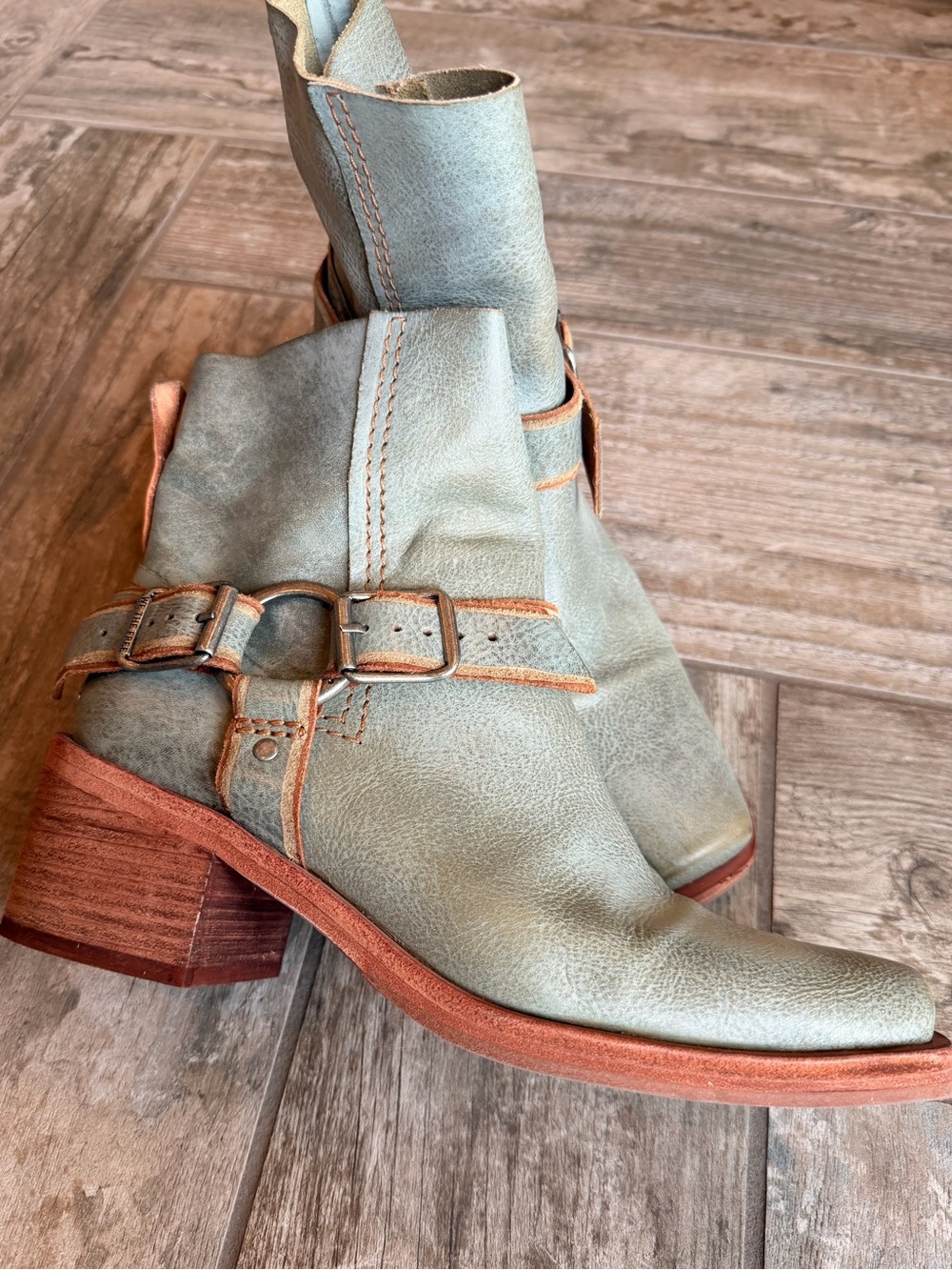 We The Free Mint Green Leather Ankle Booties with Buckle